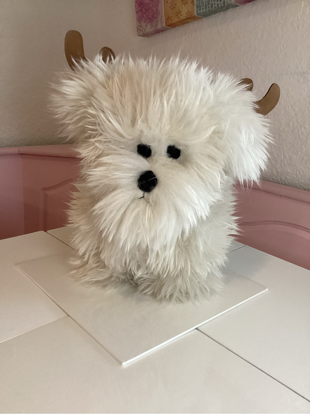 NWT Poterry Barn Luxe Faux Fur Dog W/ Antlers Shaped Pillow Christmas 17”x11”